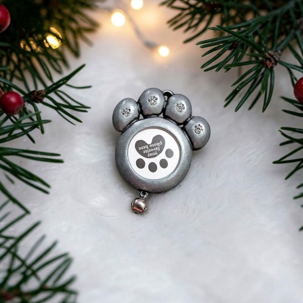 Paw Print Photo Frame Ornament Silver Rhinestone Dog Cat Pet Memorial Bell 3"